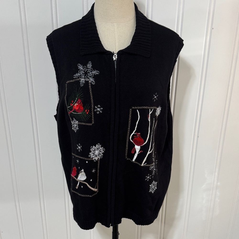 Southern Lady Black Zip-Up Vest with Bird and Snowflake Embroidery XL